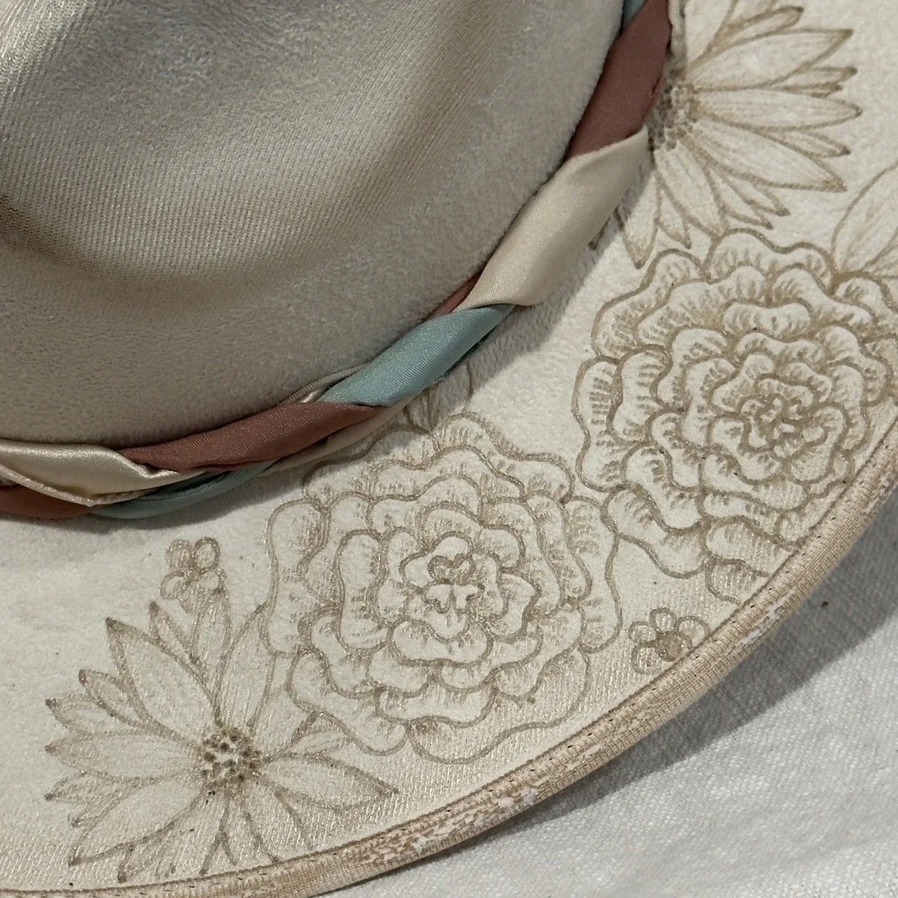 Divine Babe Co Still The One Wide Brim Fedora Hat Cream Floral Burned Feather M